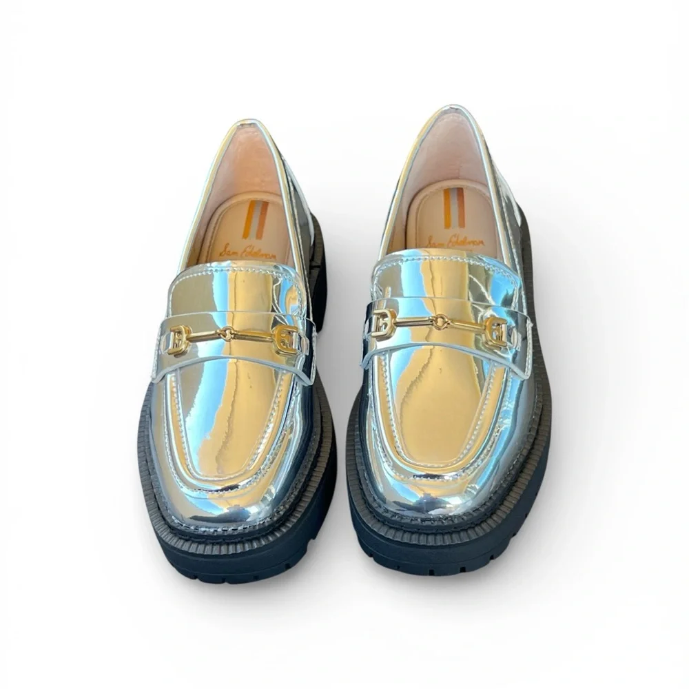 Sam Edelman Laurs Silver Metallic Kids Loafers with Gold Accent. NWOT In Box.